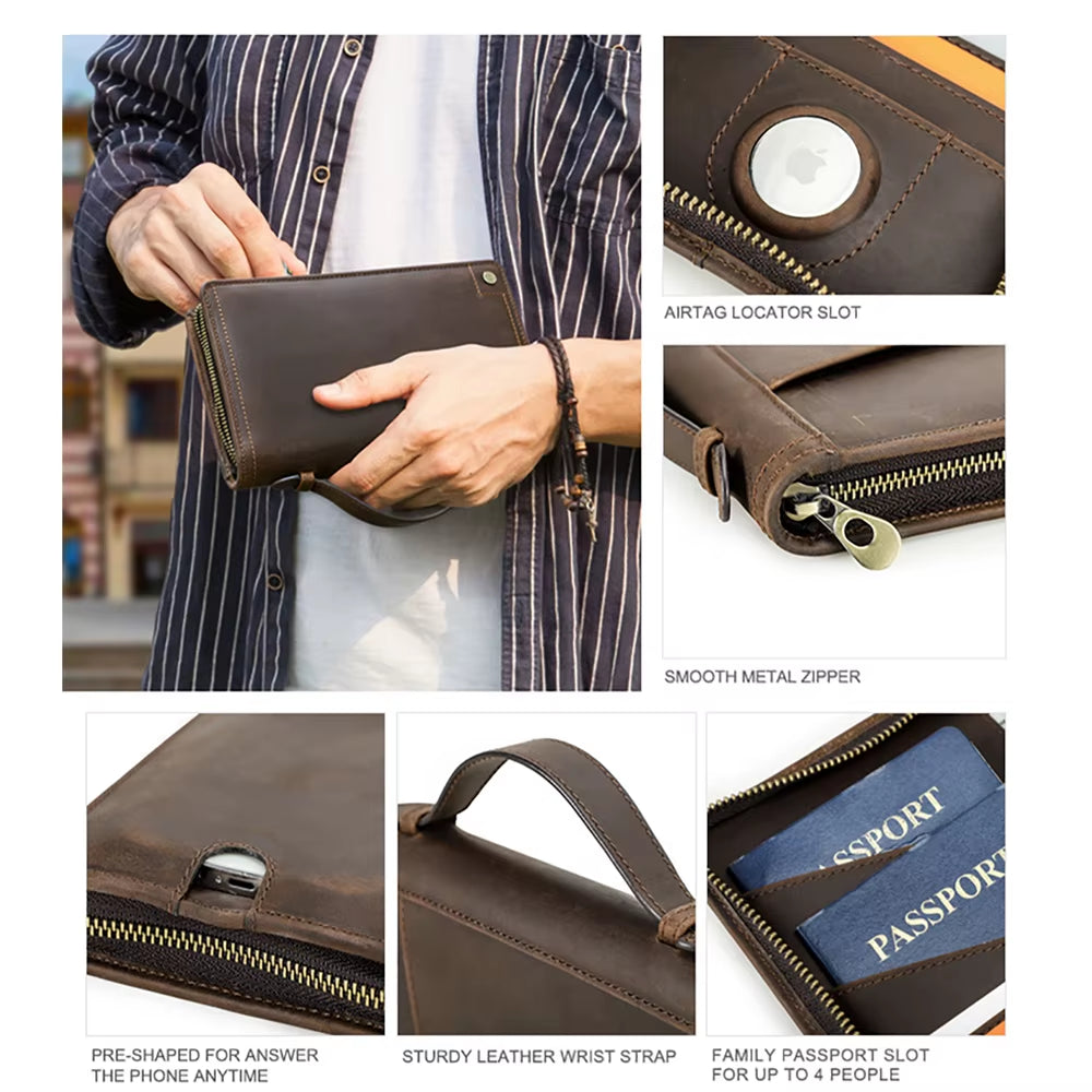 Family Travel Wallet Rfid Passport Holder Leather Anti-Lost Passport Wallet with Slot Forairtag Mens Leather Clutch Phone Wallet