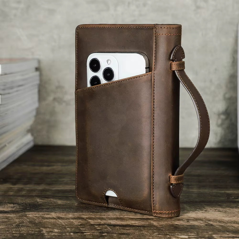 Family Travel Wallet Rfid Passport Holder Leather Anti-Lost Passport Wallet with Slot Forairtag Mens Leather Clutch Phone Wallet
