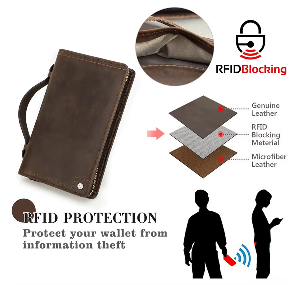 Family Travel Wallet Rfid Passport Holder Leather Anti-Lost Passport Wallet with Slot Forairtag Mens Leather Clutch Phone Wallet